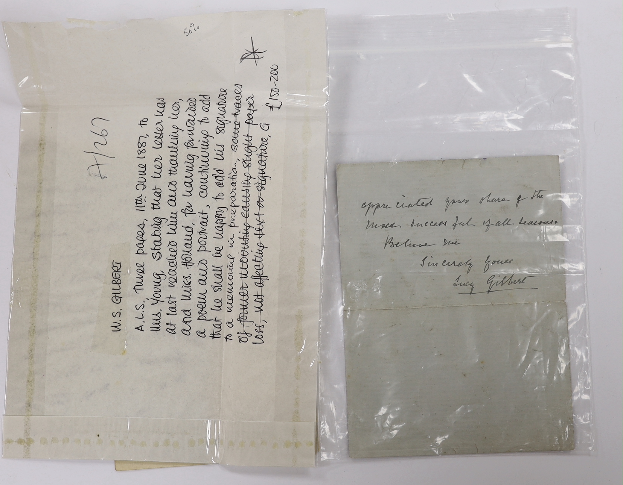 Three late 19th century Gilbert and Sullivan related letters; including a letter written by W.S. Gilbert dated 11th June ‘87, a letter from Lucy Gilbert dated 24th Jan 1933, and a letter to Sir Arthur Sullivan from Georg